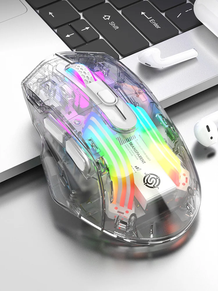 Estetyczna przezroczysta bezprzewodowa mysz dla kobiet, RGB, trójtrybowa, Bluetooth, ładowalna mysz gamingowa do laptopa, PC, biura. — zdjęcie produktu 7