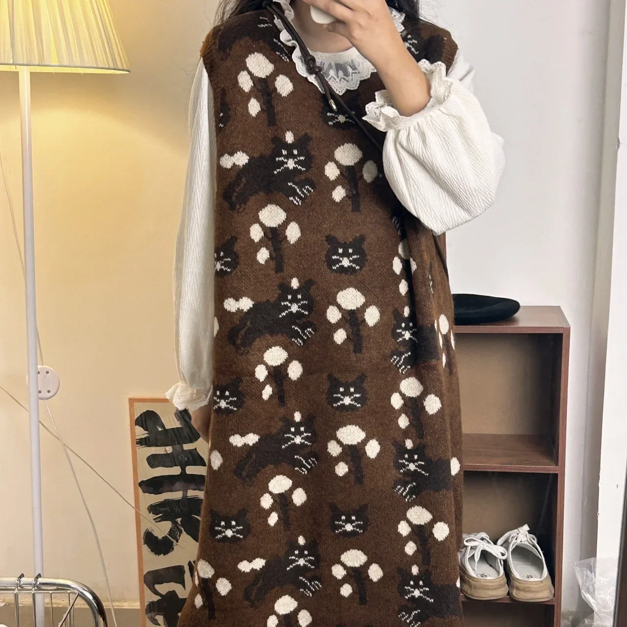 Plus size cartoon cat jacquard sweater vest skirt women\'s autumn and winter new slim and lovely age-reducing knitted dress