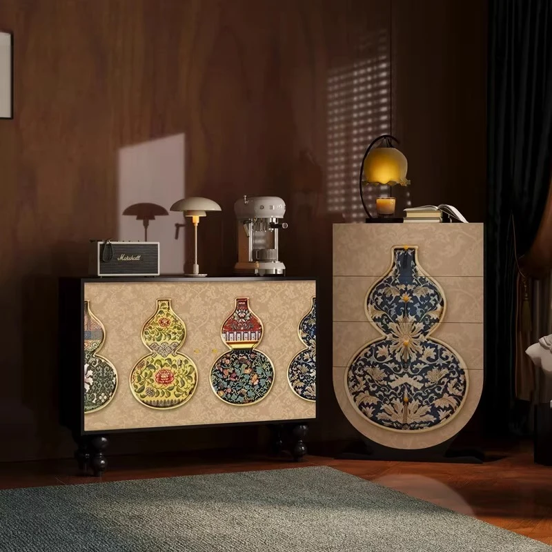 

French light luxury style home solid wood porch cabinet bedroom wall decoration locker gourd lacquer painting four chest cabinet