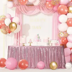 Sequin Table Skirt, Pink Table Skirts Wavy Ruffle Sparkly Table Cover Skirt for Tables Bridal Shower Birthday Party Display