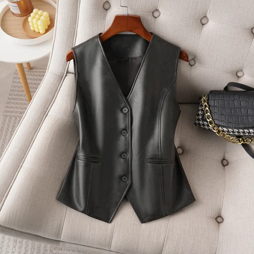 Imagen 1 del producto Chaleco de cuero con cuello en V de un solo pecho para mujer, moda de primavera y otoño, chaleco corto de cuero Pu para desplazamientos, prendas de vestir exteriores o ropa interior
