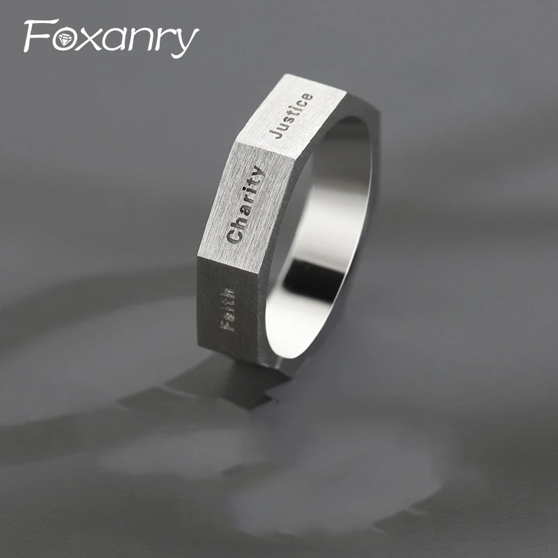 Foxanry Letter Scrub Finger Rings For Women Couples Minimalist Personality Trendy Vintage Hip Hop Punk Men Birthday Jewelry Gift