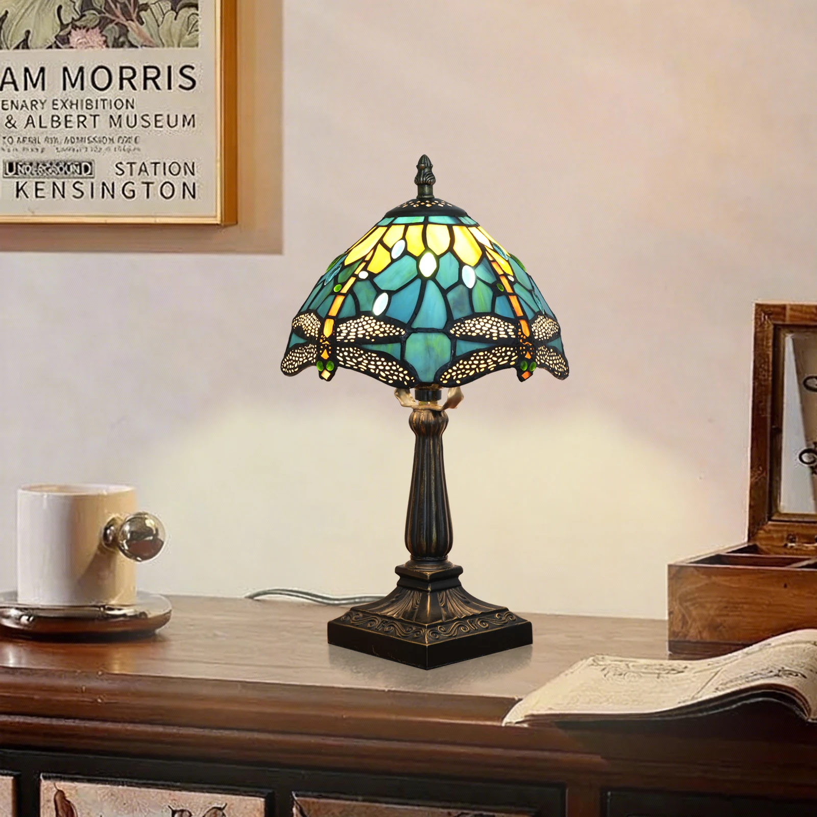 Small Tiffany Style Stained Glass Table Lamp 8 inch Green Yellow Dragonfly Lamp for Bedside Living Room Office Decor Home
