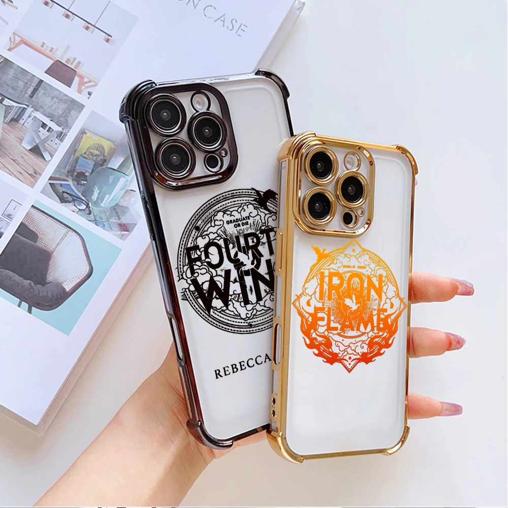 Book F-Fourth Wing Iron F-Flame Phone Case For iPhone 16 12 13 14 15 Pro Max Plus Electroplate Four Corner Anti-drop Color Cover