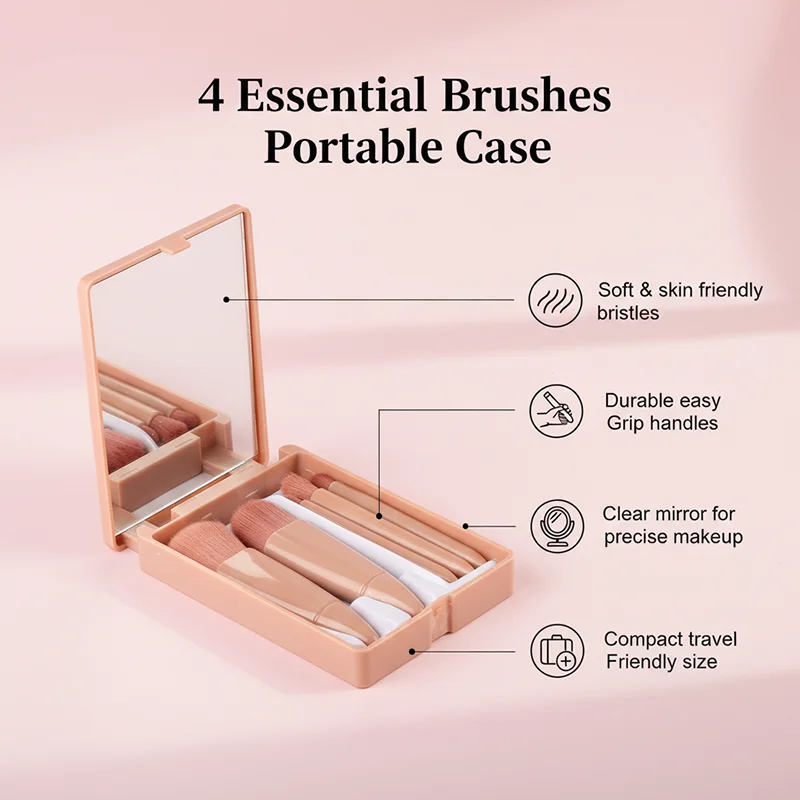 5개입 여행용 메이크업 브러쉬 세트 미니 메이크업 브러쉬, 케이스와 거울이 포함된 소형 완벽 기능 화장 브러쉬 키트