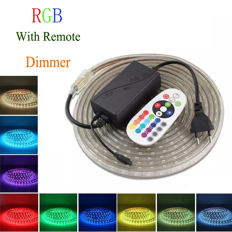Waterproof RGB LED Strip Light EU 220V Remote Controller Changing Color Neon Ribbon Lamp 60leds/m Multicolor Garden Decoration