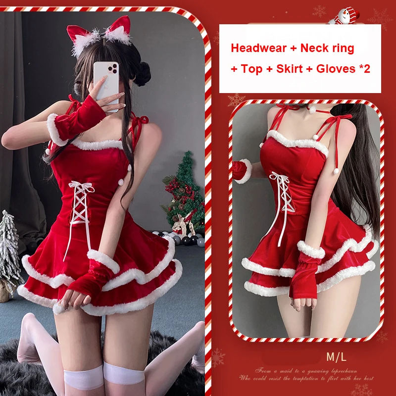 Women's Christmas Costume Halloween Sexy Bunny Uniform Sweet Kawaii Mrs. Santa Claus Red Velvet Top + Skirt + Gloves Full Set