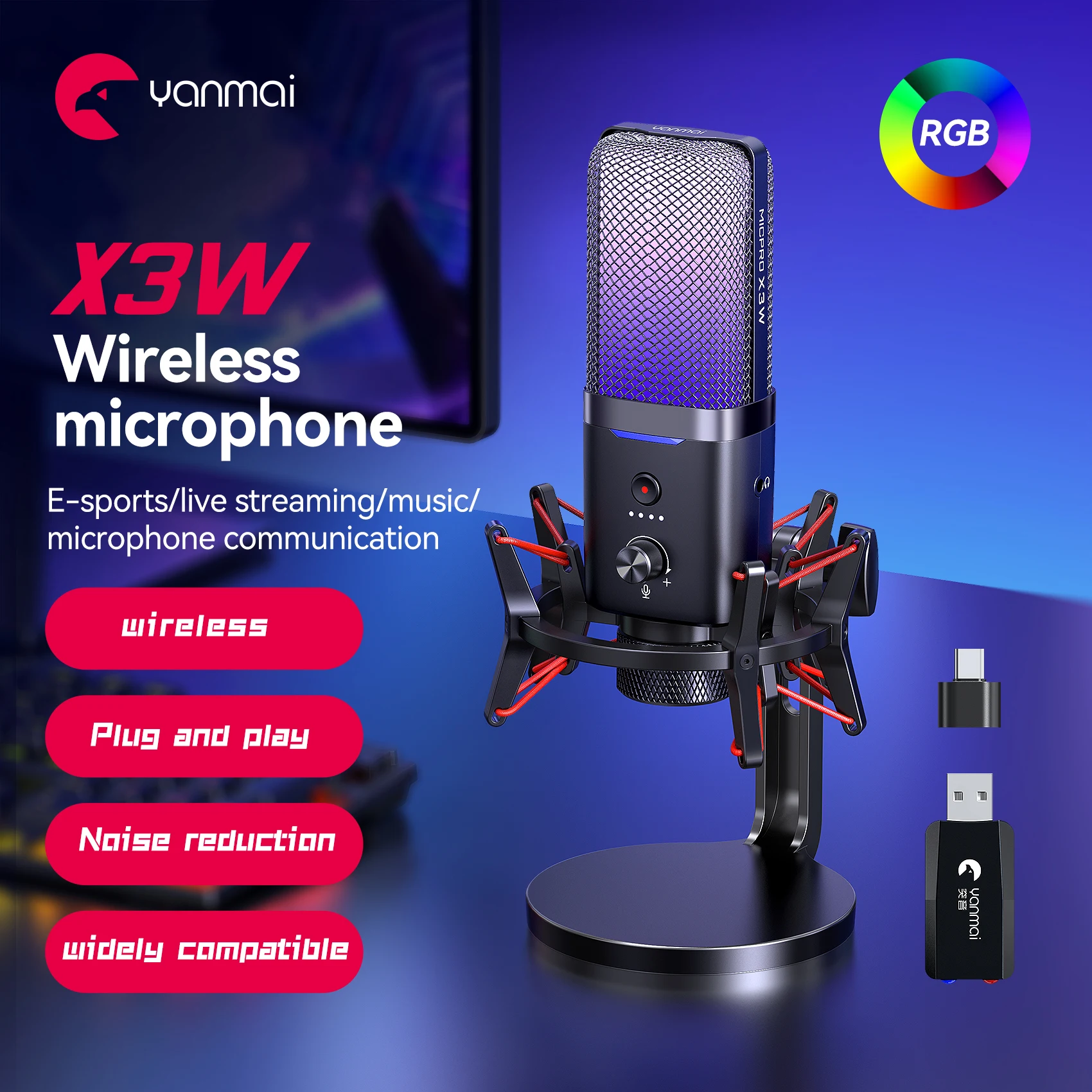 

X3W USB/XLR Dynamic Microphone with RGB Control/Headphone jack/Mute,MIC for PC Gaming Recording Streaming