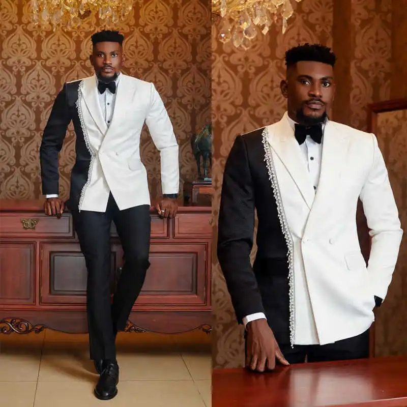 

Design Splice Men's Suits 2 Pieces Blazer Pants Peaked Lapel Double Breasted Diamonds Wedding Tuxedos Custom trajes para hombre