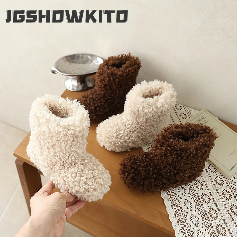 JGSHOWKITO Girls Furry Hairy Ankle Boots Winter Warm Children's Cotton Boots Outdoor Thermal Slip-on Kids Fashion Plush Boots