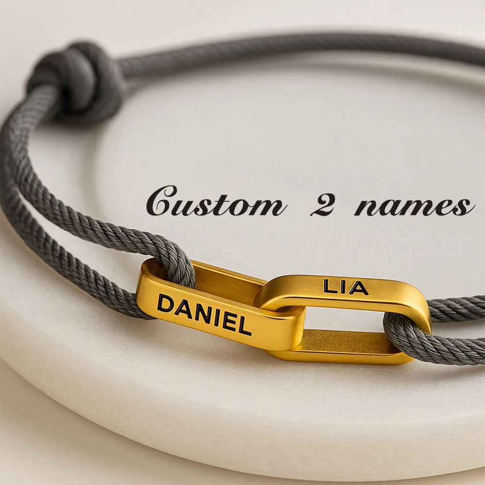 

Adjustable Rope Chain Name Personalized Bracelet Stainless Steel 2 Hoops Names Custom Bracelets Woman Man Fathers Day Gift