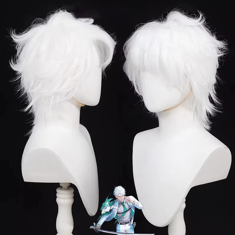 Image of Cosplay-Perücke, Touken Ranbu Anime-Perücke, Unshou, weiße synthetische Perücke, kurze Rollenspiel-Perücke für Männer mit Perückenkappe für Halloween, Karneval, Party