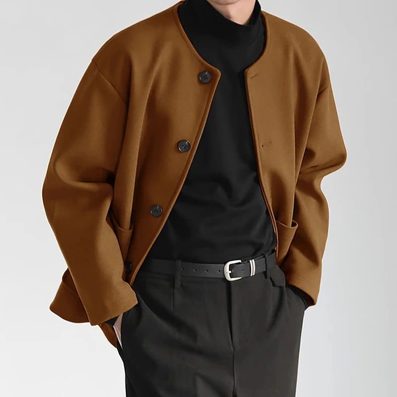 

Loose Fit Double-Sided Casual Jaet Men's Autumn Winter Faion Urban Sle round Ne ort Length Outerwear