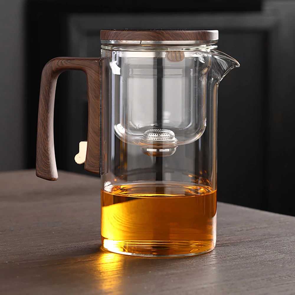 One Click Magnetic Switch Water Separation Glass Teapot with infuser 520/720ML Heat Resistant Kettle Tea Pot Cup Set Wood Handle