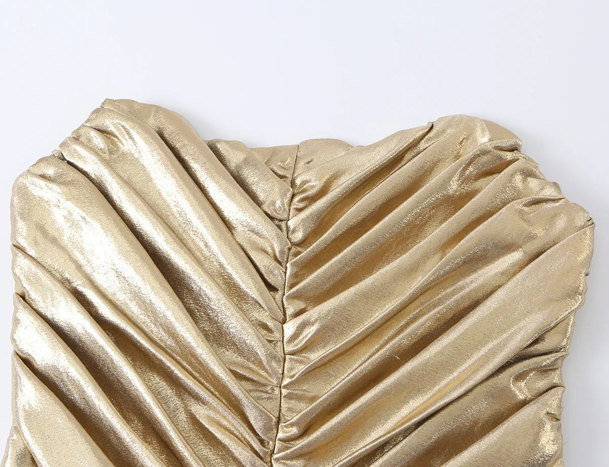 TFMLN 2026 Damen Glänzendes Gold Gerafftes Top Modisches Diagonal Plissiertes Ärmelloses Trägerloses Crop-Top Damen Abend-Partykleidung – Detail 4