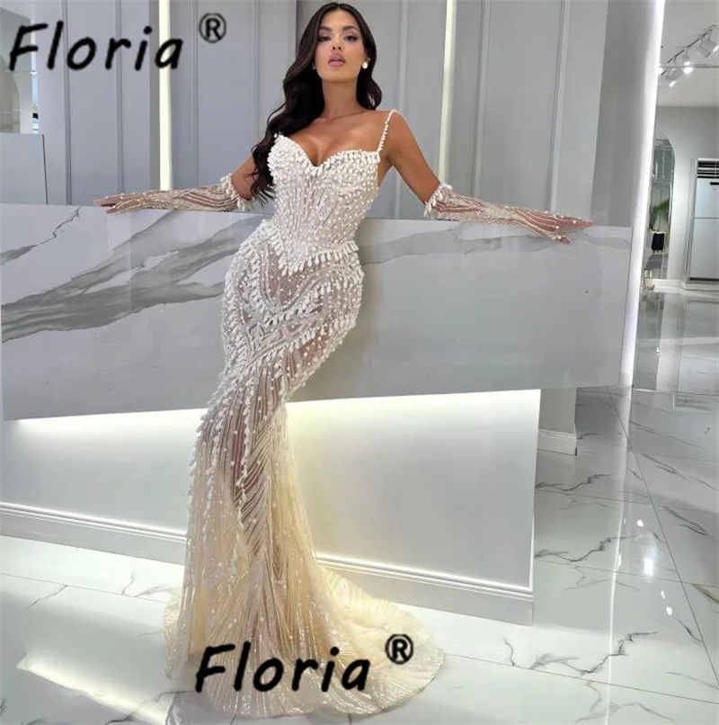 

Elegant Mermaid Pearls Tassle Evening Dresses with Gloves Ivory Spaghetti Strap Lace Beaded Illusion Celebrity Party Gowns 2024