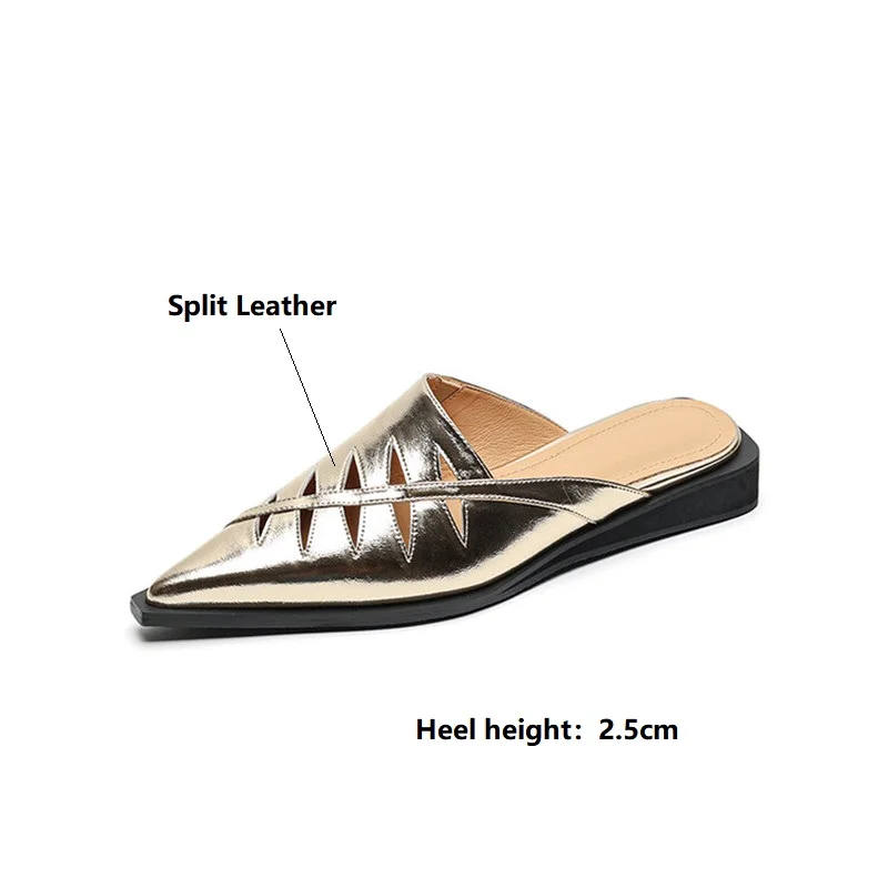 2023 Summer Slippers Women Pointed Toe Hollow Out Slippers Sandals Low Heel Mules Split Leather Shoes for Women Handmade Shoes