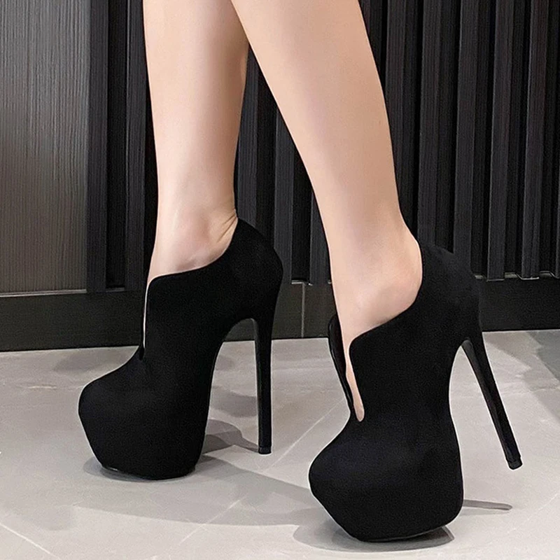 Liyke Big Size 44 45 Women Extreme Thin High Heels Stripper Pole Dance Shoes Solid Black Round Toe Slip On Sexy Platform Pumps