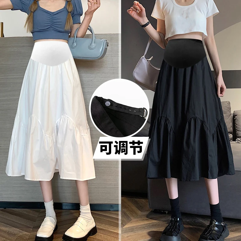 

Black White Umbrella Skirts for Maternity Summer Fashion Elastic Waist Belly A Line Clothes for Pregnant Women Youth Pregnancy