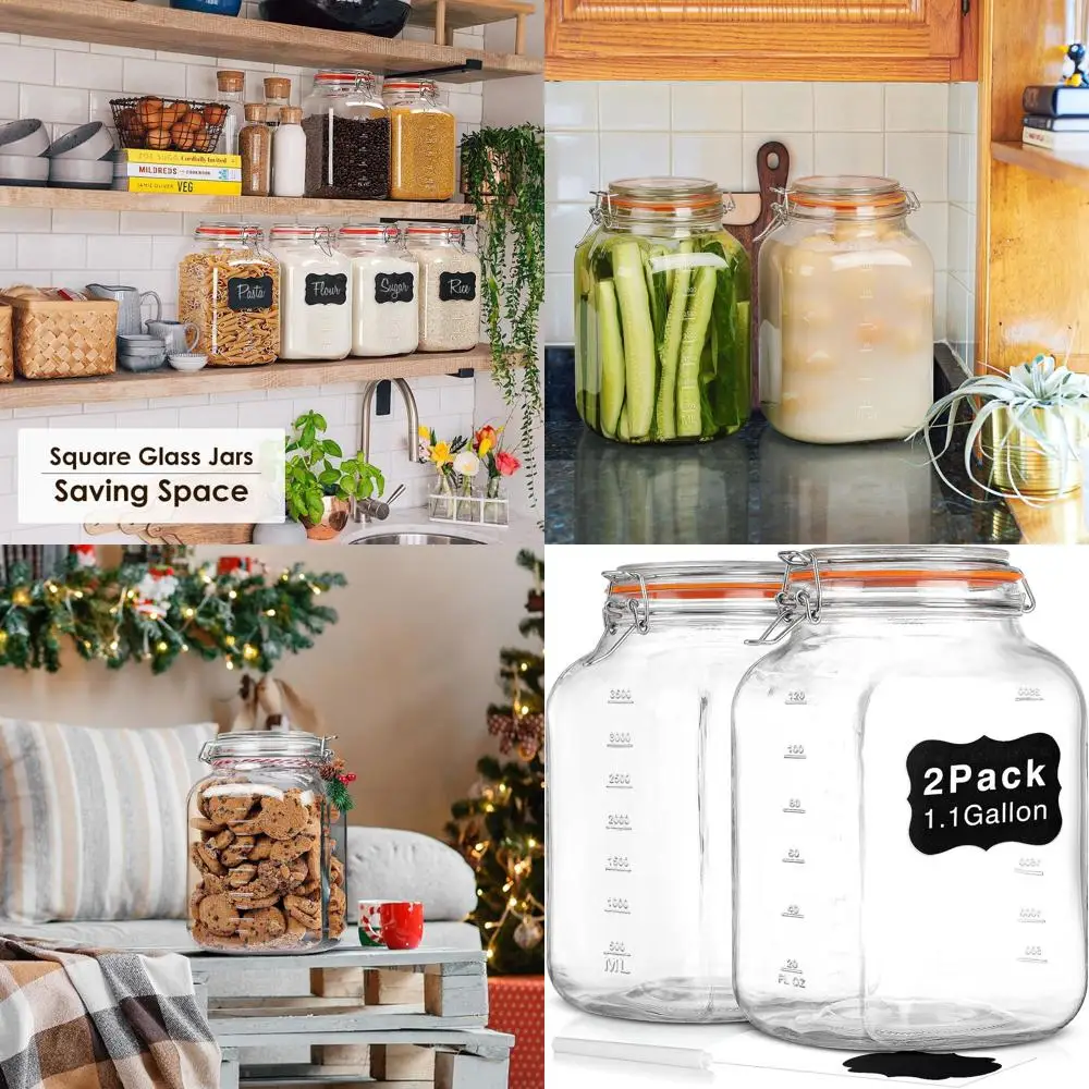 

Pair of 1.1 Gallon Square Wide Mouth Glass Jars with Airtight Lids and Measurement Marks for Kitchen Storage