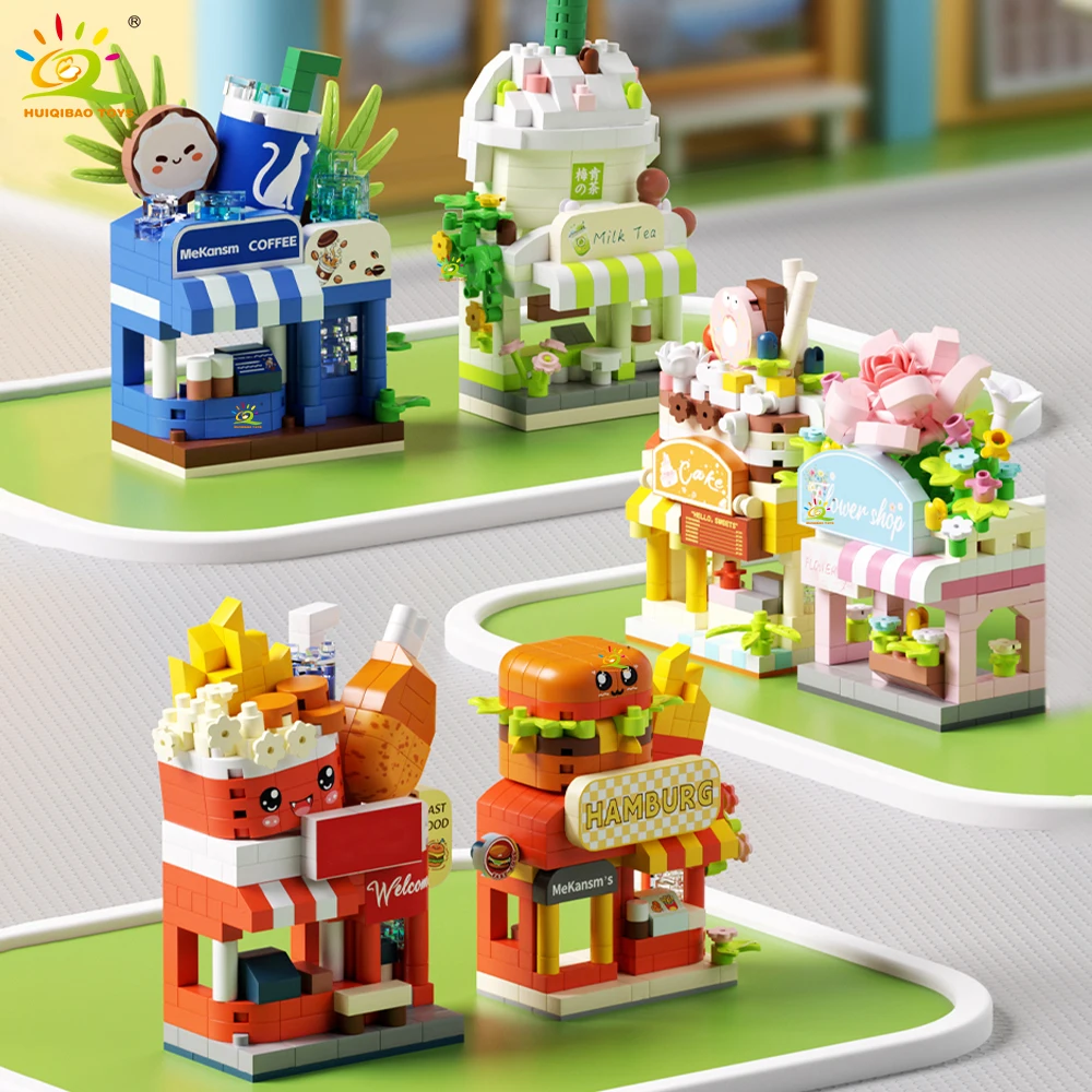 HUIQIBAO MOC Cute Street Shop model Micro Building Block Burger Fried Flower Model Mini Brick Toy for Children Desk Decor.