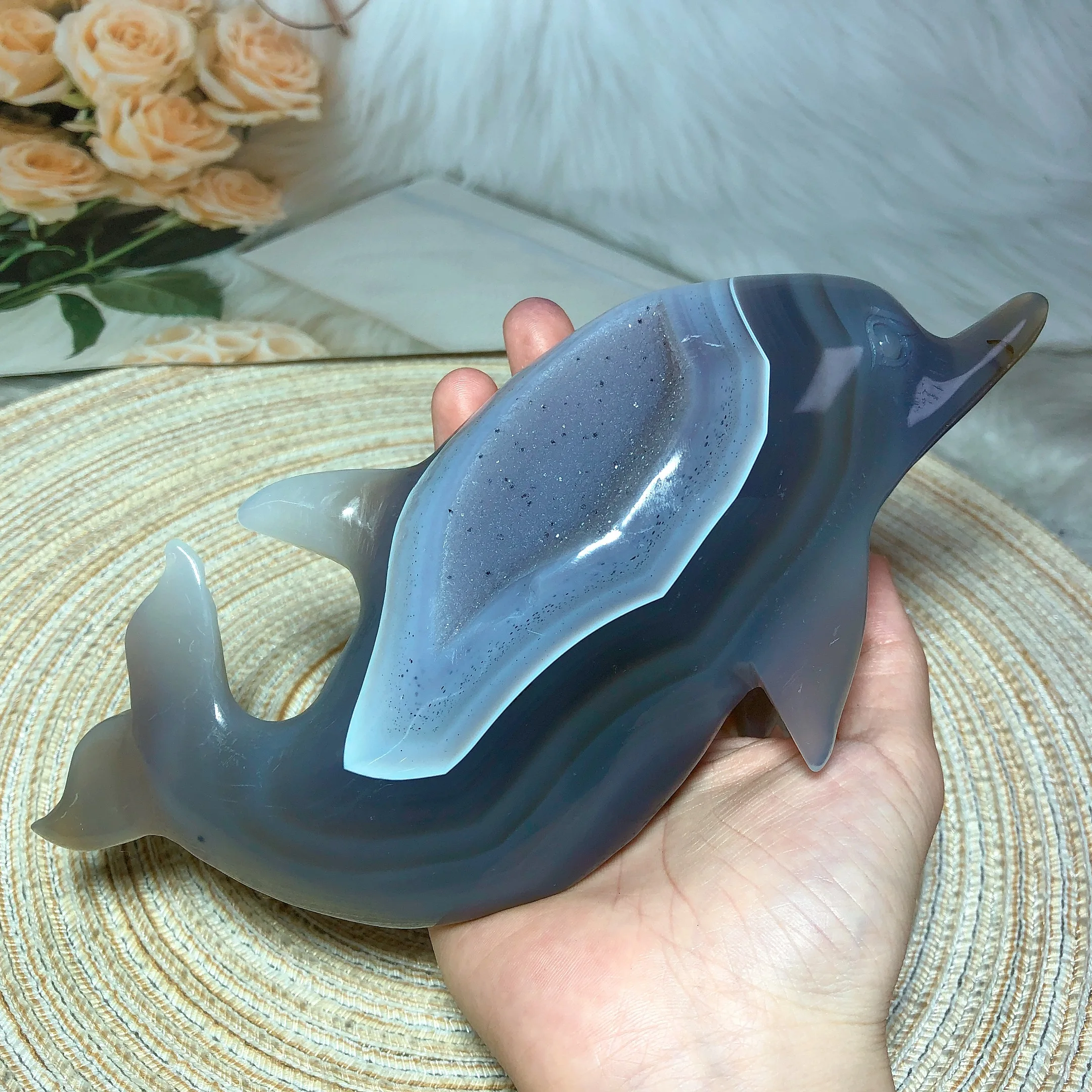 Druzy Agate Dolphin Polished Ornament Healing High Quality Natural Carved Crystals Home Decoration Stone Room Decor Mineral