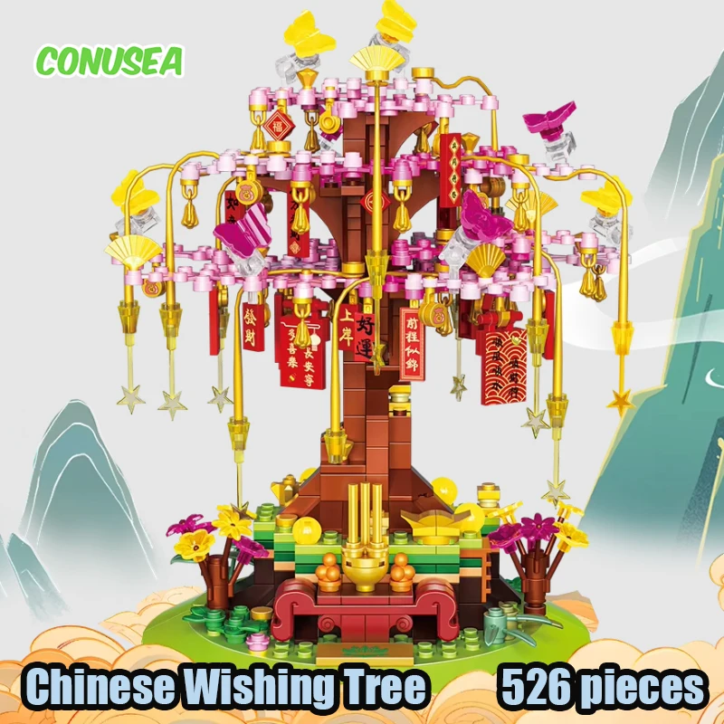 Chinese Wishing Tree Building Blocks Toy Diy Discoloration Assemble Bricks Set New Year Table Decor Romantic Gift for Girls Kids