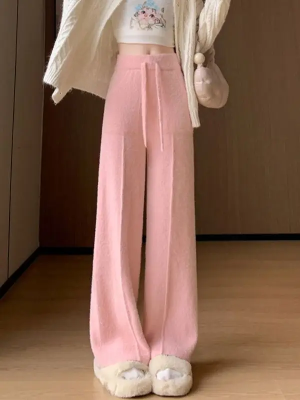 Pantalon à jambes larges tricoté en fourrure de vison Feng Shui paresseux, pantalons décontractés haut de gamme, pantalons de sol épais et chauds pour femmes, automne et hiver
