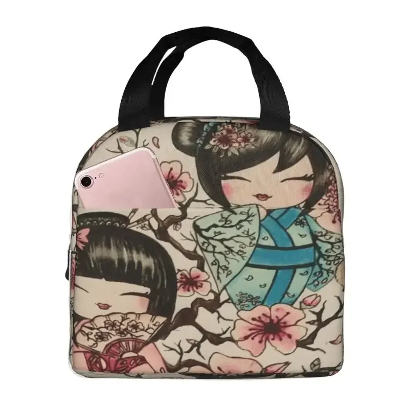 Red Sakura Kokeshi Doll Lunch bag thickened insulated bento bag is suitable for office students men and women food insulated bag