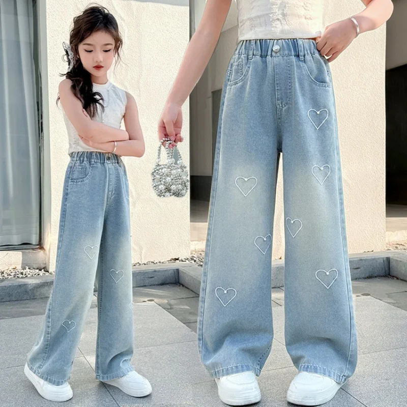 

Girls' Jeans with Beaded Heart Straight-leg Pants, Suitable for Casual Pants for Teens Aged 7-14, Summer Pants
