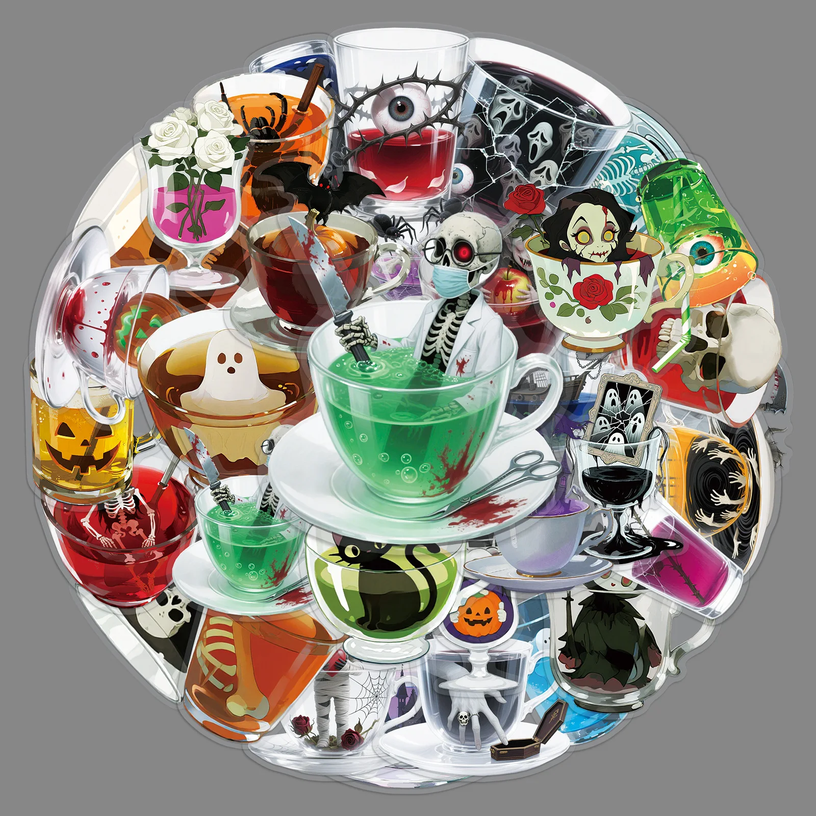 

50PCS Gothic Style Cartoon Teacup Halloween Graffiti Sticker Personality Cool DIY Fridge Skateboard Motorcycle Helmet Decal