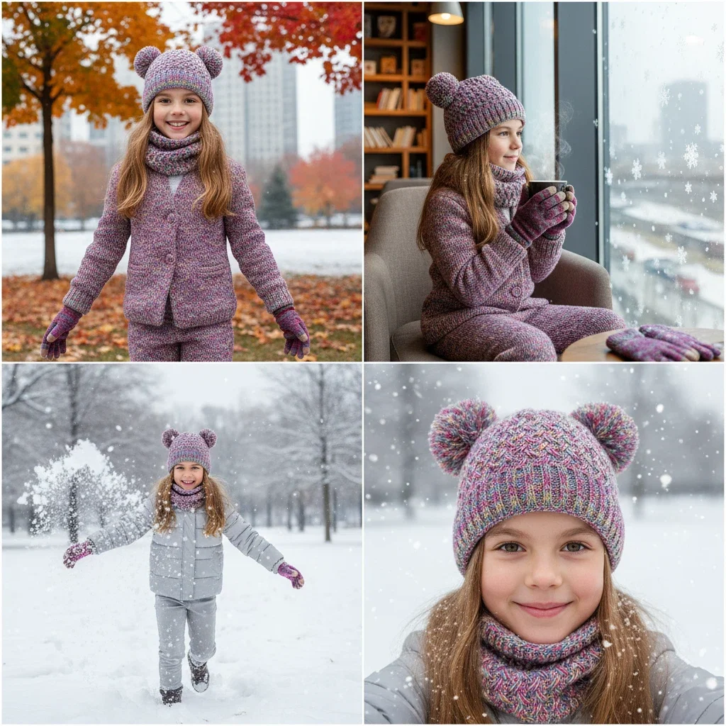 3pc3-12Y children's hat, scarf and glove set, children's thickened winter hat with snowflake color pattern knitted cap