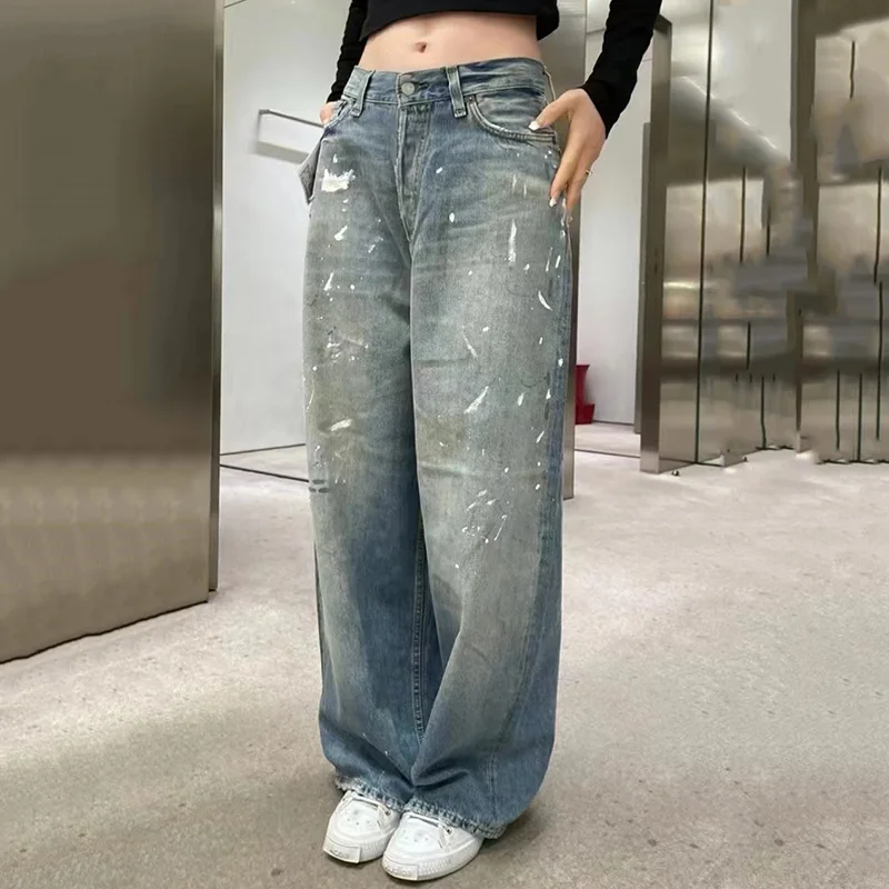 الخريف والشتاء التيار المتناوب رسمت باليد الرجال والنساء الجينز فضفاضة واسعة الساقين خفيفة الوزن غسلها محدثة النافثة للحبر السراويل عادية #4