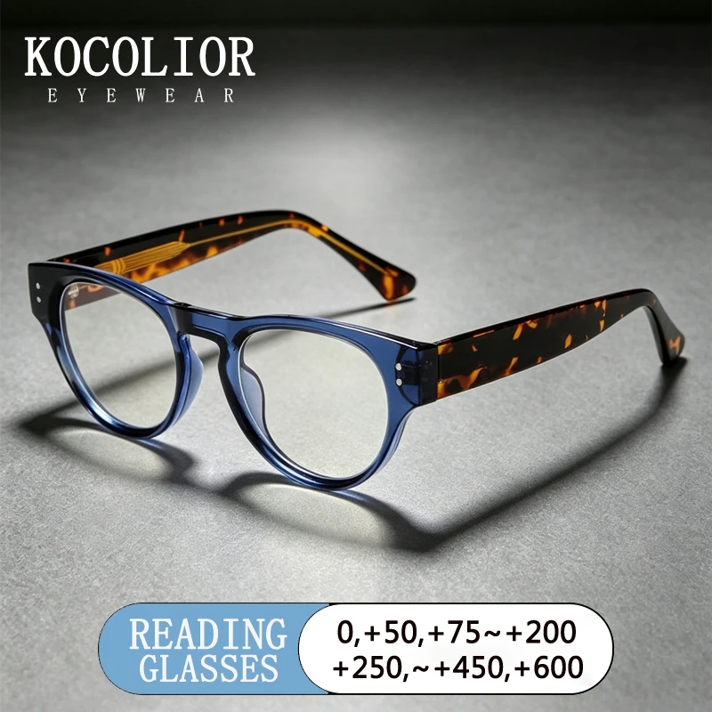 KOCOLIOR Lunettes de lecture anti-lumière bleue à rivets ronds, mode, pour femmes et hommes, verres transparents, pour personnes âgées, forte dioptrée de 0 à +4,5 ~ 6,0