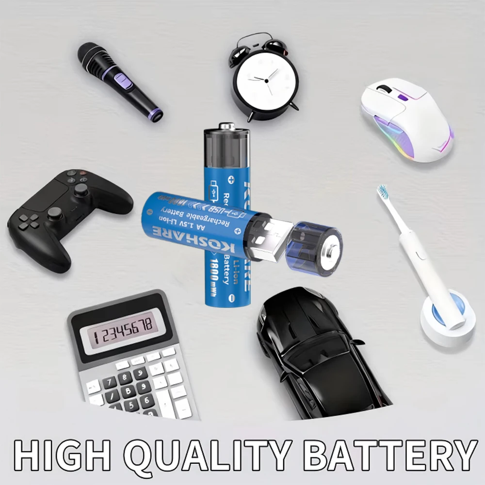 

KOSHARE AA 1.5V Li-ion Rechargeable Batteries 1800mWh USB Lithium Battery For Electric Toothbrush Clock Microphone+ Type-C Cable