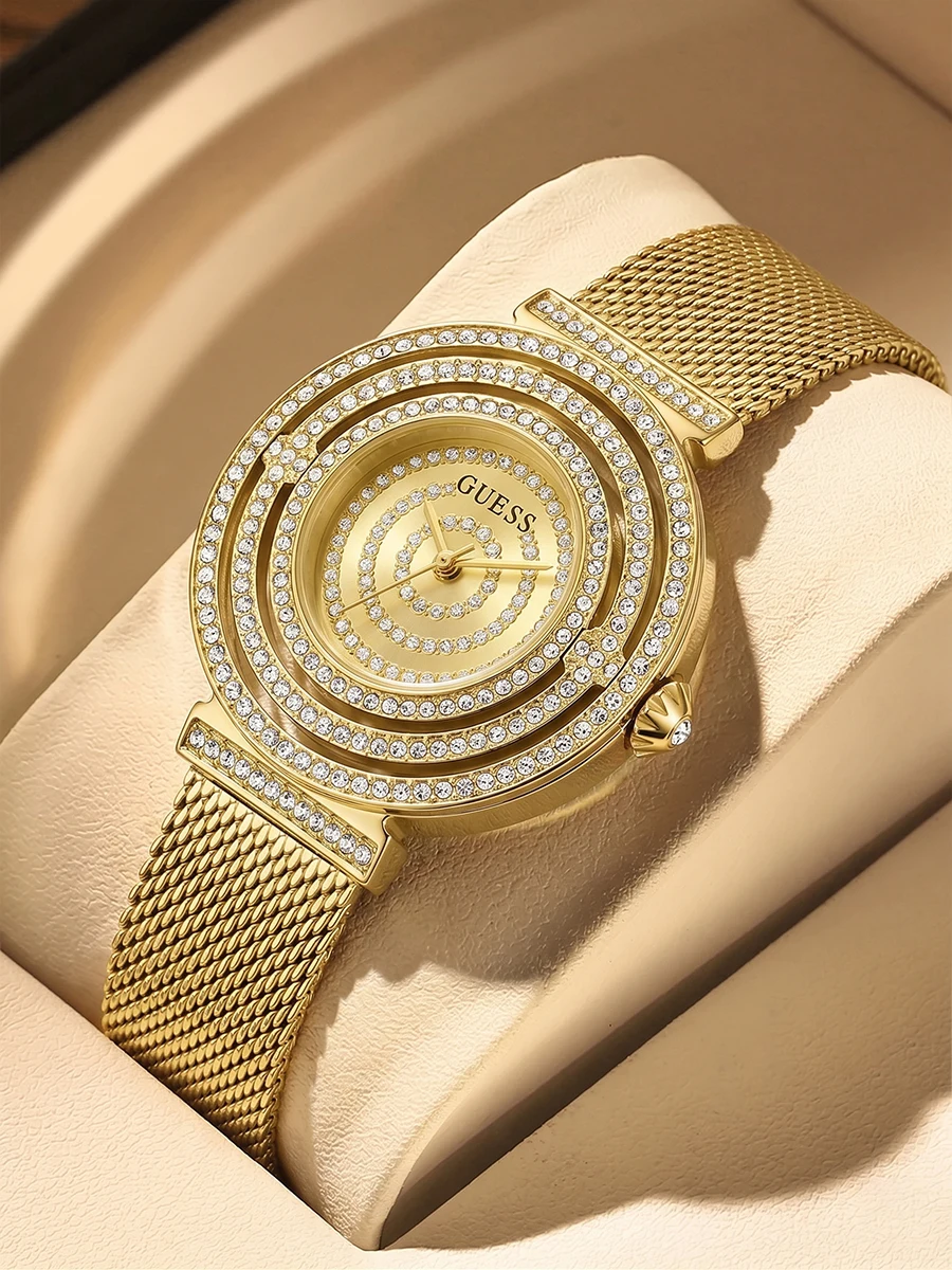 Relógio Feminino GUESS Dourado Luxuoso com Mostrador de Strass e Pulseira de Malha, Relógio de Pulso Quartz, Presente para Ela, Festa, Dia dos Namorados, Aniversário