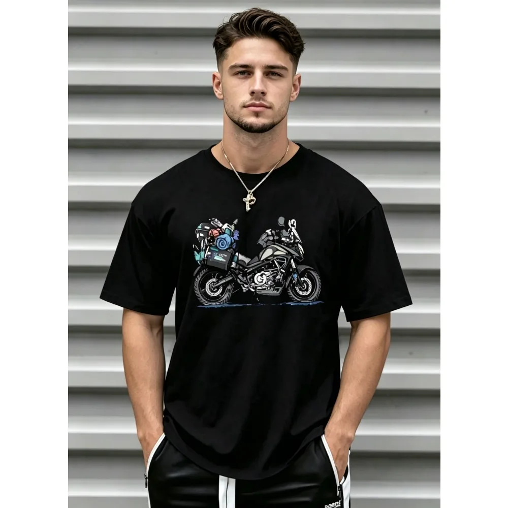 2026 New Adventure Rally Motorcycle Print T-shirt, Fully Loaded Touring Bike Illustration,   Loose Unisex Tops For Biker Fans