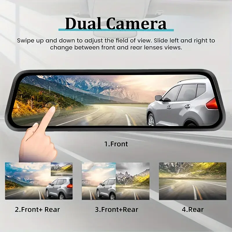 4K Front & 1080P Rear Mirror Dash Cam, 10'' Full Touch Screen Car Dash Camera, 170° Wide Angle, Night Vision, Loop Recording