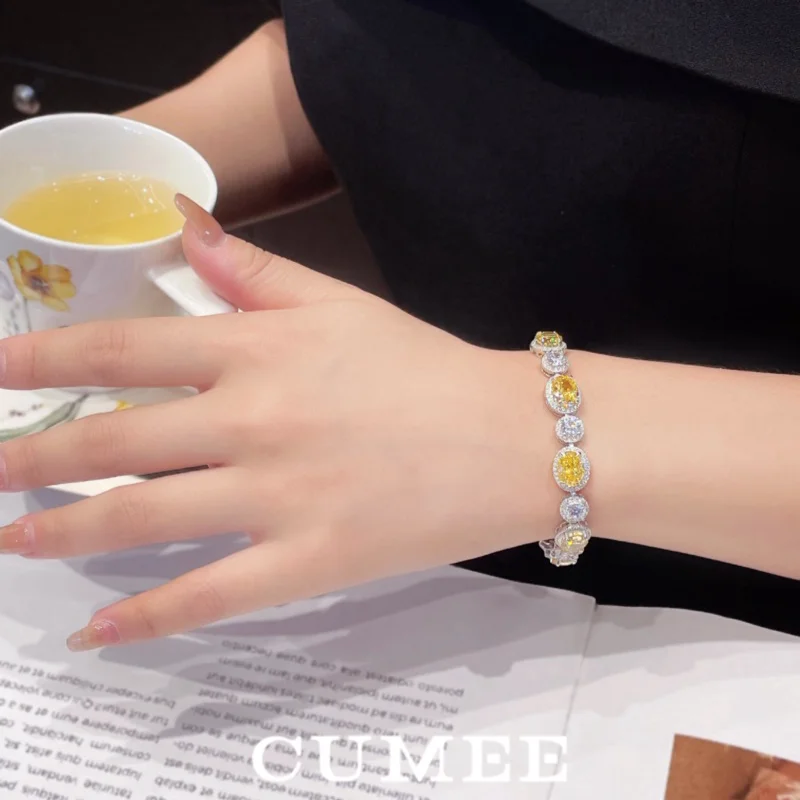 CUMEE New Classic Oval-shaped Artificial Yellow Diamond Bracelet for Women 925 Silver and Gold-plated Fine Jewelry