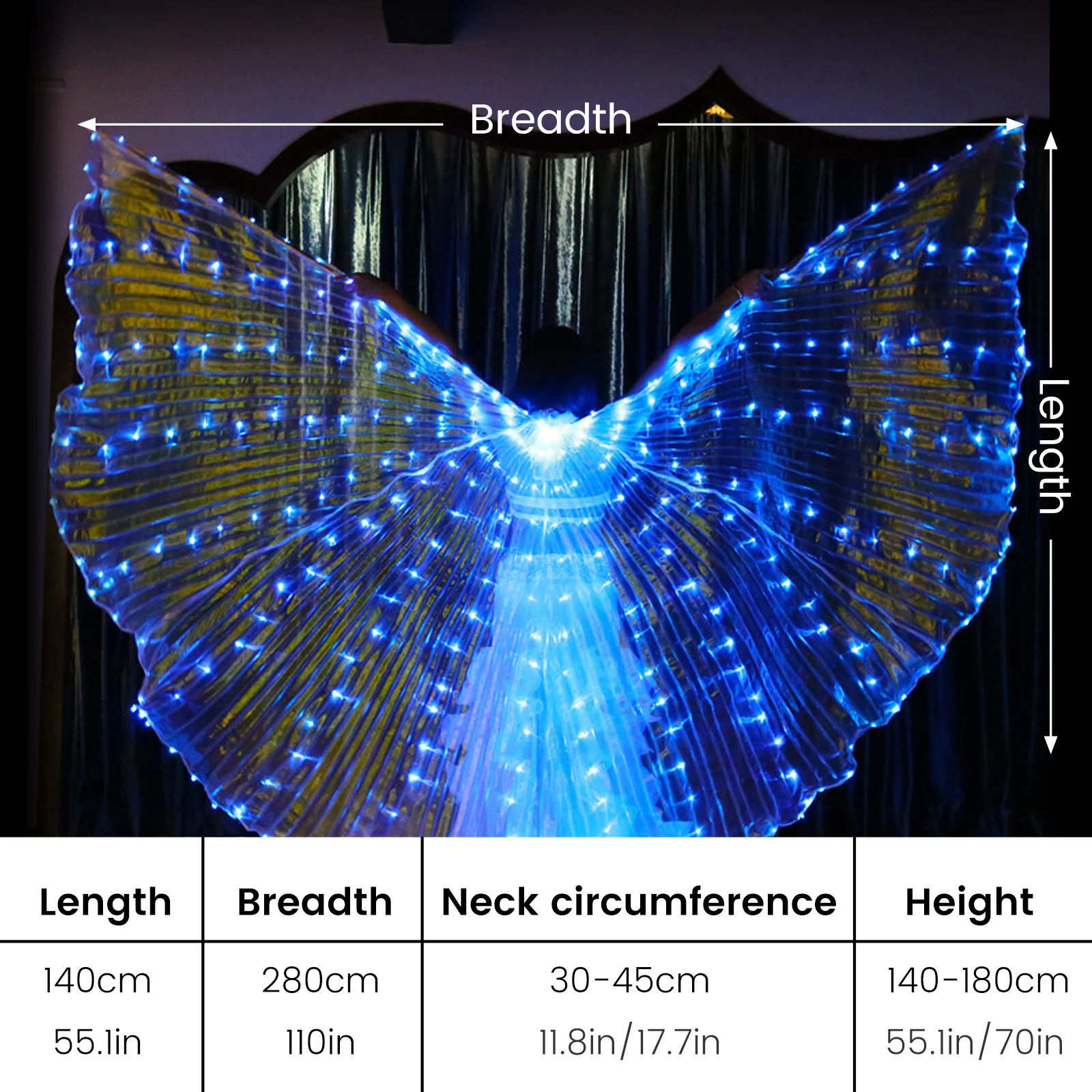 Alas LED Isis Para Danza Del Vientre – 140/110 Cm Con Varillas Telescópicas – Luces De Colores Para Carnaval Y Halloween