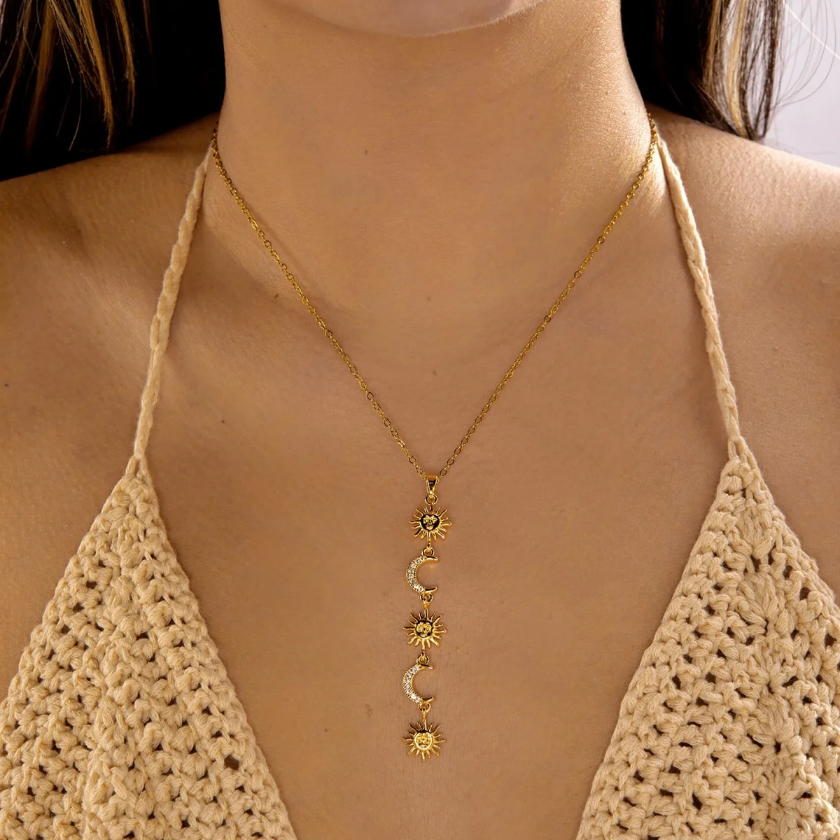 Glänzende Zirkon-Halskette mit geometrischen Verbindungsstücken und Quasten aus Edelstahl für Damen und Herren, Herz, Auge, Wassertropfen, Sonne, Mond, Stern, Choker-Schmuck – Detail 21