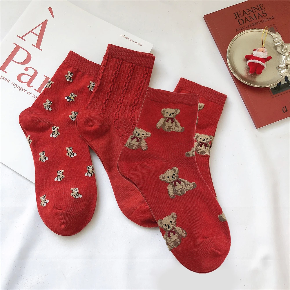 Calcetines rojos de Navidad para hombre y mujer, ropa interior y para el hogar, calcetines de oso, cilindro medio, a cuadros, Ideas de regalo