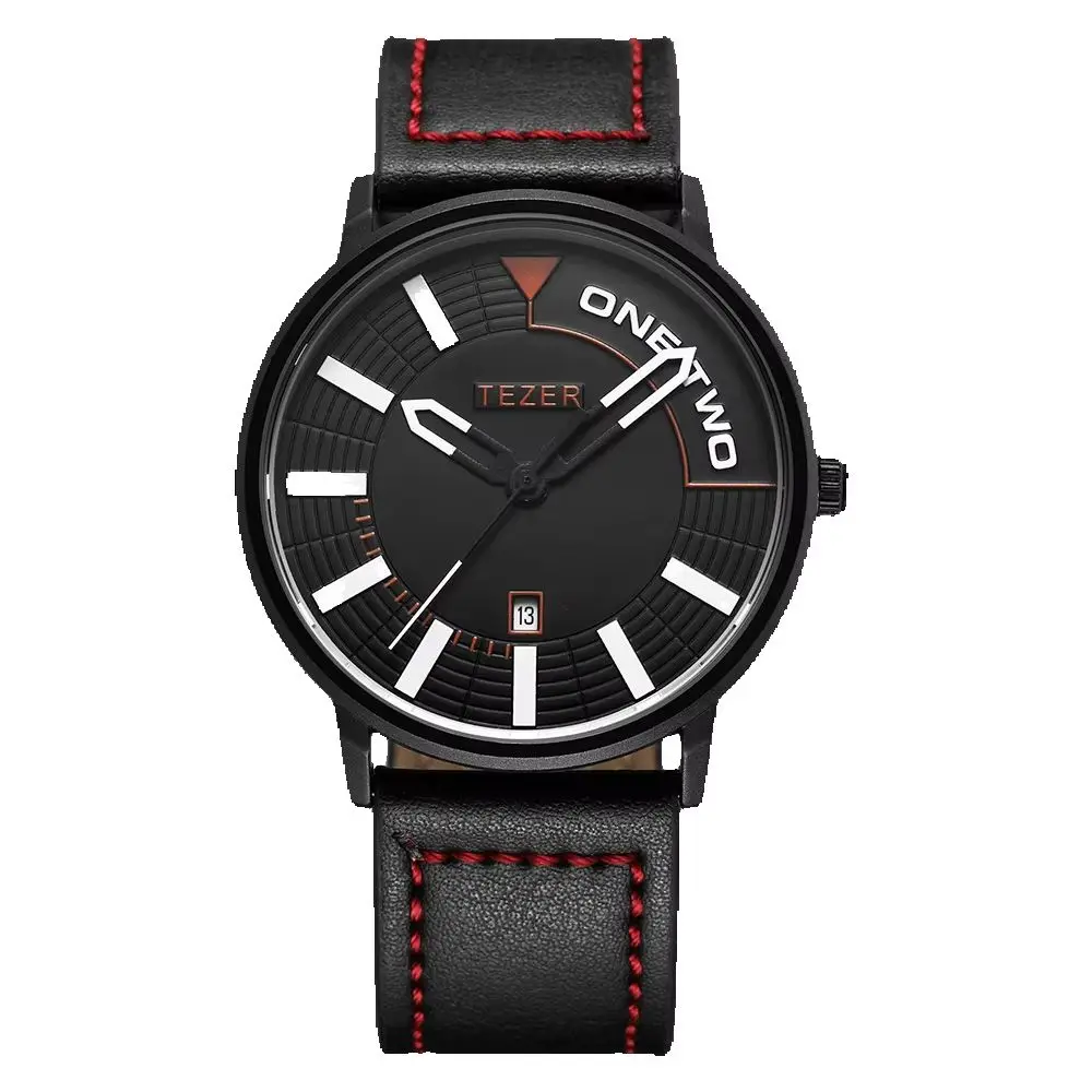 TEZER Men Fashion Quartz Wrist Watch | Unique Dial | PU Strap With Red Stitching | Date Window | 30M Water Resistant