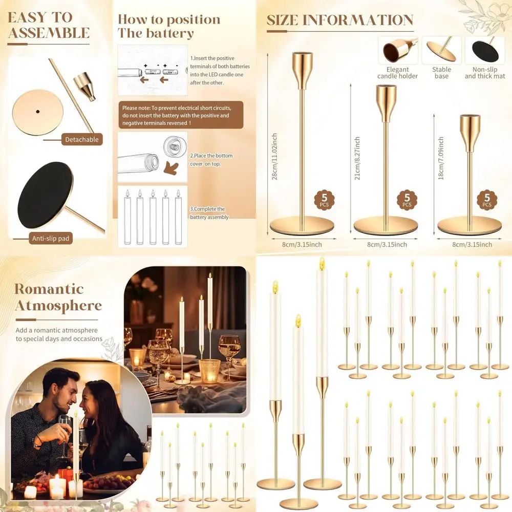 

Набор из 30 золотых подсвечников: 15 металлических держателей + 15 светодиодных свечей цвета слоновой кости для свадеб, Дня святого Валентина или домашнего декора