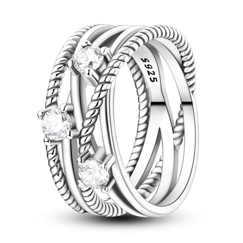 Women's 925 Sterling Silver Simple Sparkling Zircon Stackable Ring
