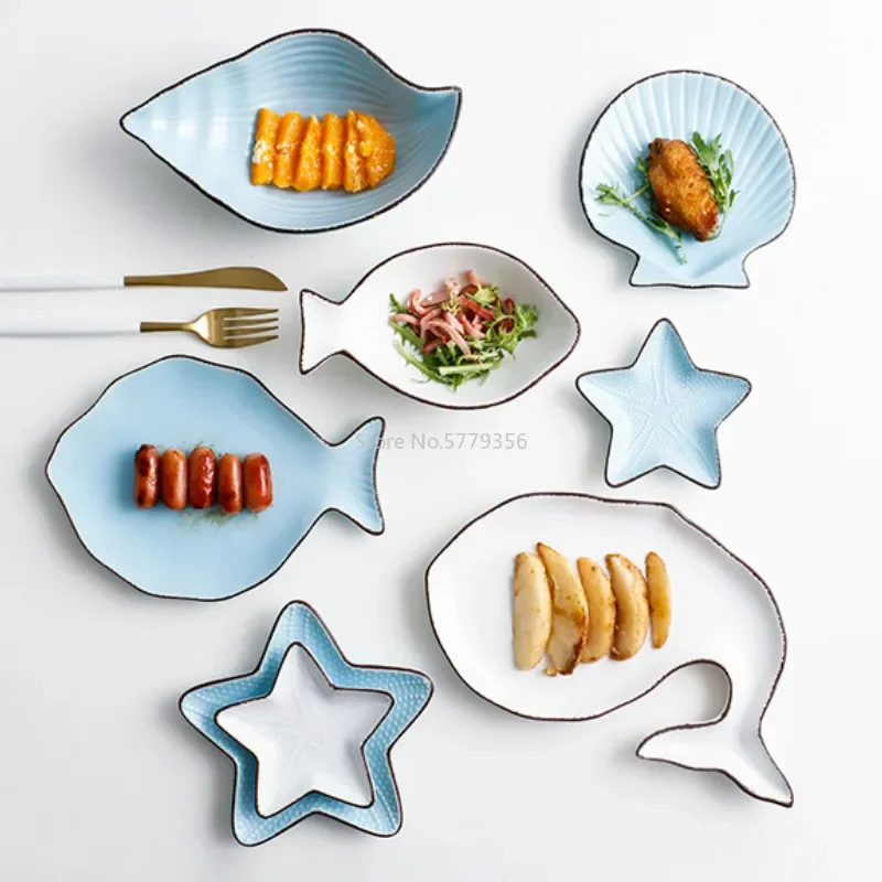 Ocean Style Ceramic Plate Tableware Whale Fish Dish Shell Starfish Trumpet Shell Bowl Blue White Porcelain Dinnerware Animal