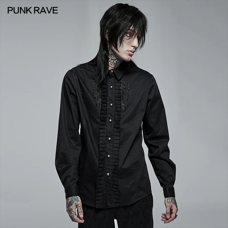 

PUNK RAVE Men's Gothic Applique Micro Elastic Long Sleeve Shirts Daily Ruffle Placket Exquisite Casual Black Tops