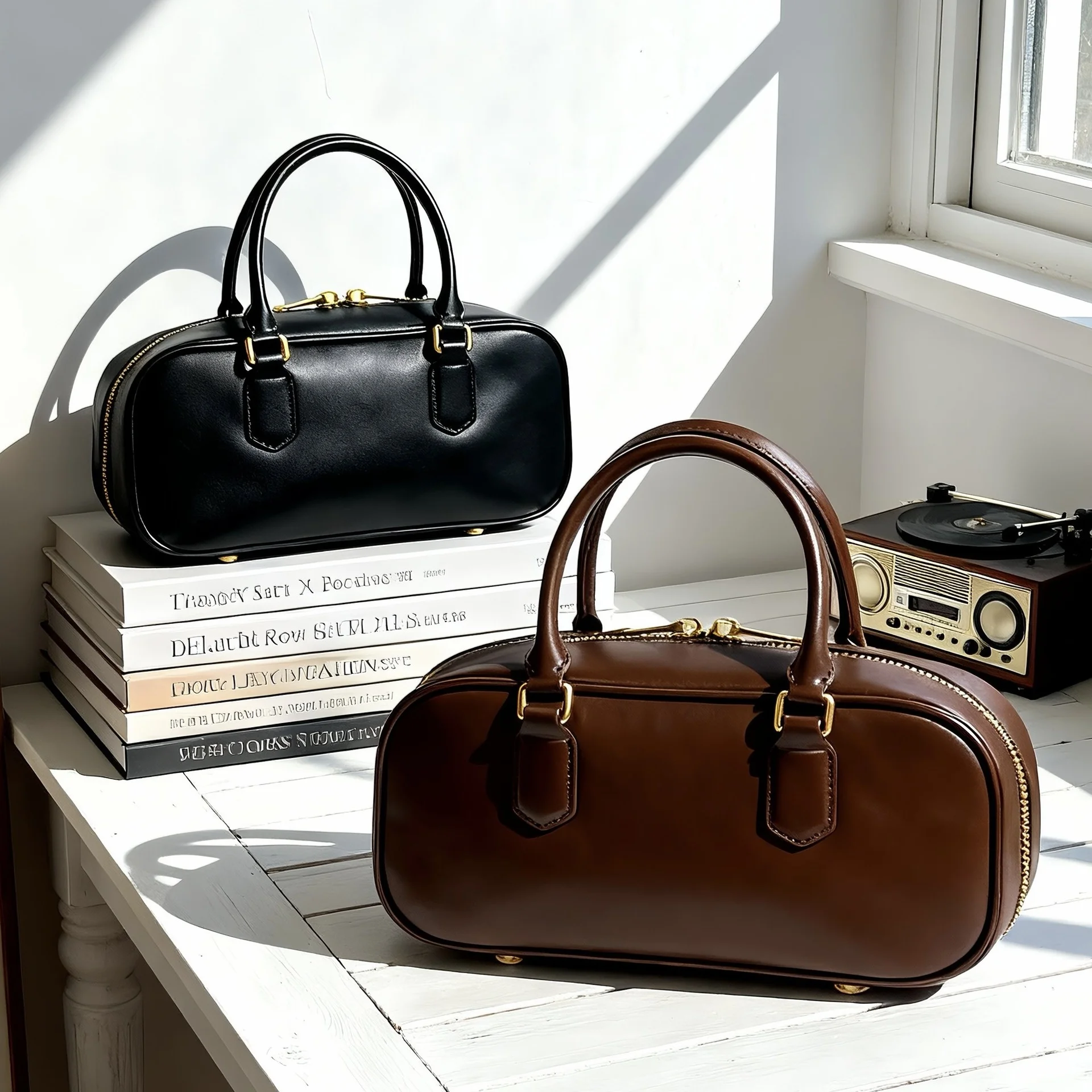 

Retro Bowling Ball Shaped Leather Handbag Autumn Winter Fashion High-End Feelings Versatile Crossbody Shoulder Bag for Women