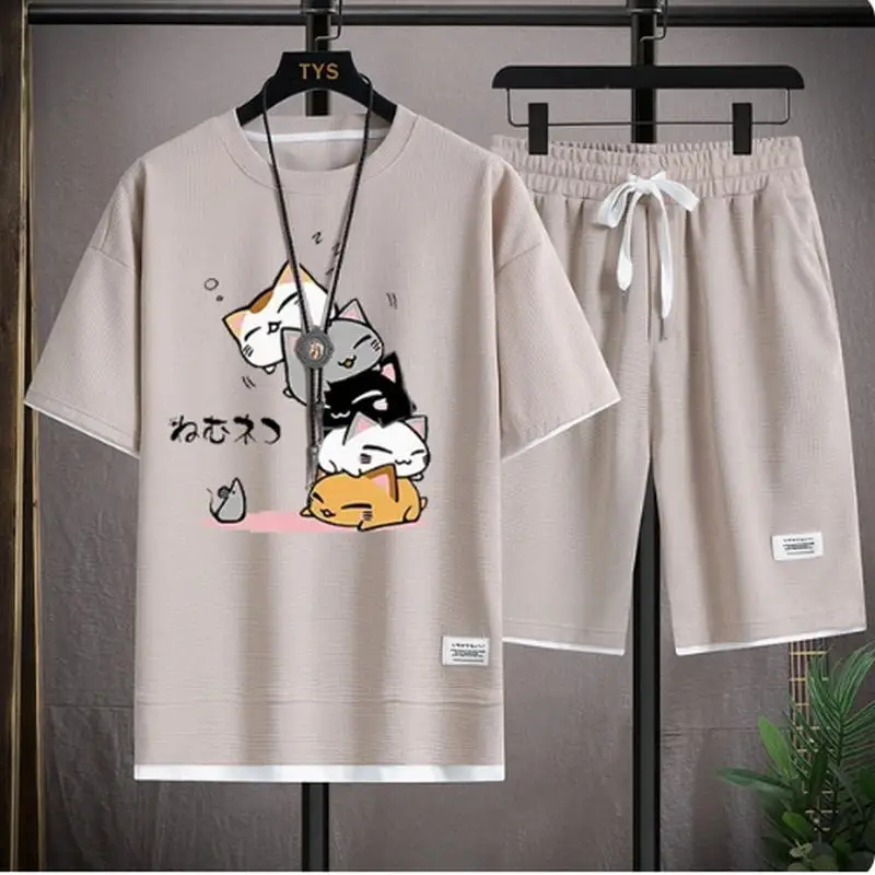 2024 Men's Summer Waffle Set Brand Fashion Casual T-shirt+Shorts Set Men's Sports Set Loose ComfortableSlo Two-piece Set