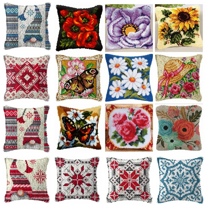 

Butterfly Flowers Embroidery Pillowcase Latch Hook Pillow Kits Classic Pattern Cross-Stitch DIY Needlework Crocheting Rug Kits